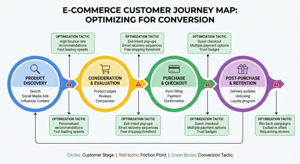 A detailed flowchart illustrating the five-stage E-commerce Customer Journey Map for Optimizing for Conversion, which labels Product Discovery through Post-Purchase & Retention. The diagram identifies specific friction points (red warning icons) and provides related conversion optimization tactics (green boxes) for each stage.