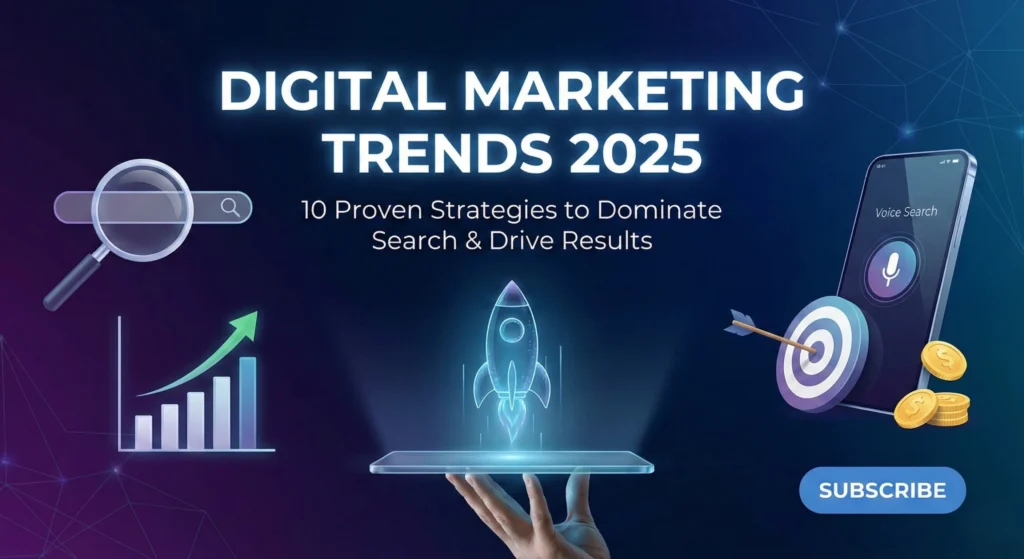Digital marketing graphic titled "DIGITAL MARKETING TRENDS 2025: 10 Proven Strategies to Dominate Search & Drive Results." The dark blue image features icons representing search, a growth chart, voice search on a smartphone, a glowing rocket launching from a tablet, and a target with gold coins.