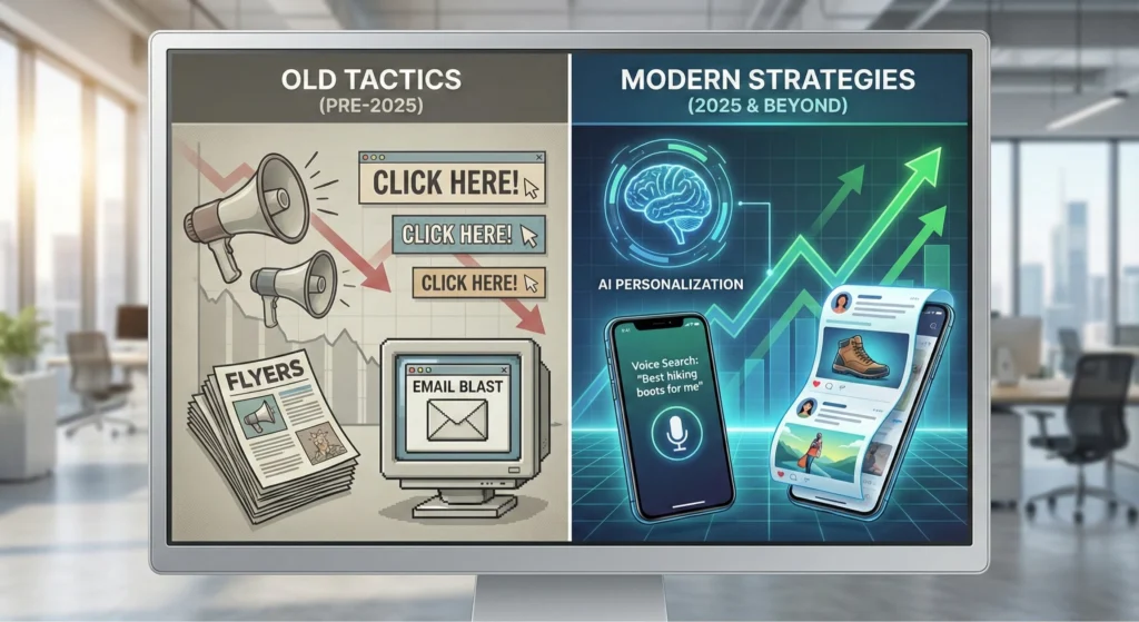 An infographic contrasts marketing approaches, showing "Old Tactics" (megaphones, flyers, email blasts, red downward arrow) next to "Modern Strategies" (AI personalization, glowing brain icon, voice search, and tailored mobile content with green upward arrows).