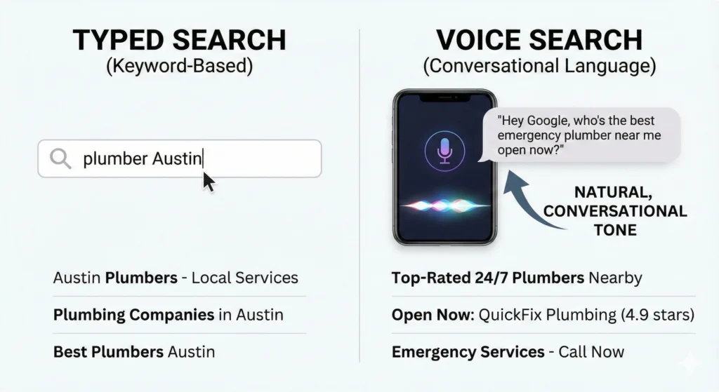 A comparison graphic contrasts keyword-based search results ("plumber Austin") with conversational voice search results for an emergency plumber, highlighting how voice queries generate specific, actionable answers (e.g., QuickFix Plumbing, Open Now).