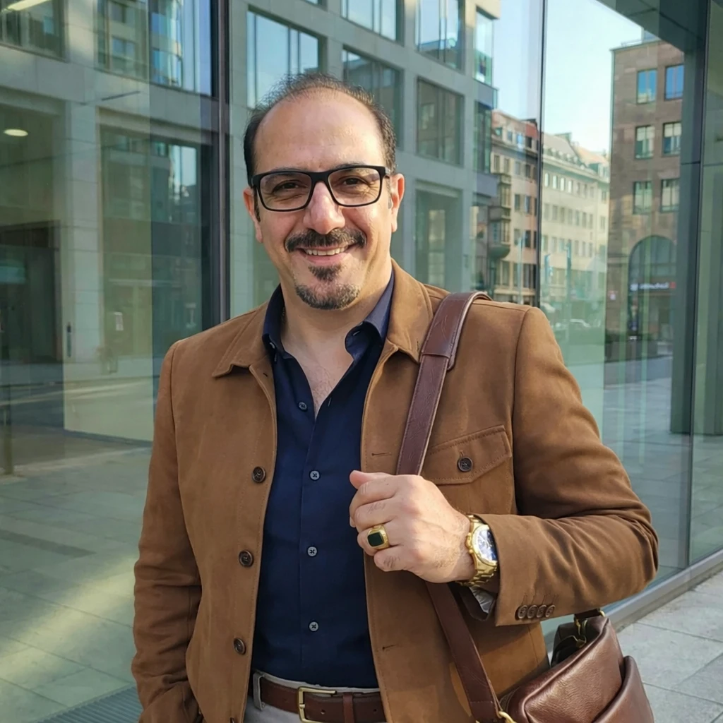 Image of Khalid Majan SEO Expert and Digital Marketing Specialist wearing black glasses, a brown suede jacket, and a navy shirt stands in front of a reflective glass corporate building. He is carrying a brown leather messenger bag and wearing a gold watch and ring.