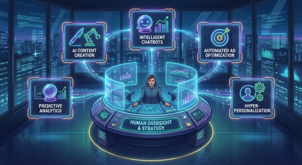 A futuristic illustration shows a person at a command center surrounded by five holographic panels detailing key AI functions: Predictive Analytics, AI Content Creation, Intelligent Chatbots, Automated Ad Optimization, and Hyper-Personalization. The center console is labeled "Human Oversight & Strategy," emphasizing human control over the automation process.