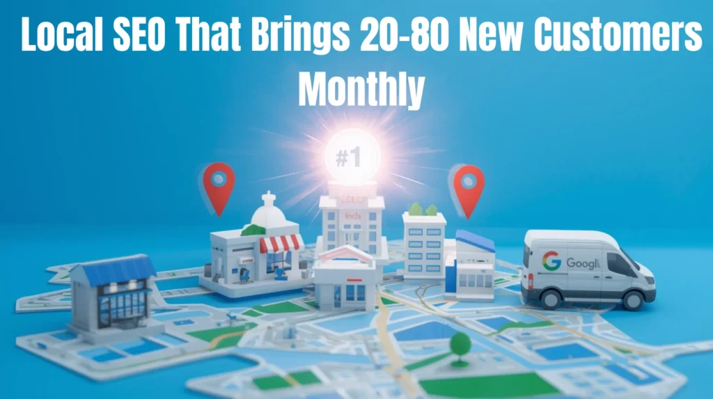 A 3D illustration shows miniature local businesses arranged on a map with a delivery van and two red location pins, topped by a glowing "#1" ranking icon. The on-screen text reads: "Local SEO That Brings 20-80 New Customers Monthly."