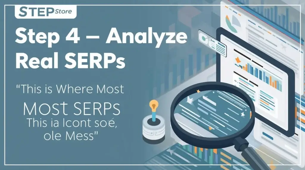 Graphic titled "STEP Store, Step 4 – Analyze Real SERPs," showing a magnifying glass analyzing data and charts displayed on a screen, with a lightbulb icon nearby. The secondary text reads: "This is Where Most MOST SERPS This ia Icont soé, ole Mess."