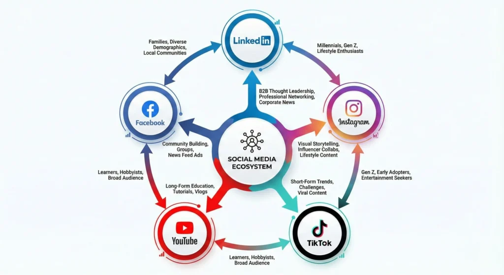 An ecosystem diagram showing five social media platforms—LinkedIn, Instagram, TikTok, YouTube, and Facebook—with arrows detailing the flow between them and describing their specialized audience demographics and content niches like B2B, short-form trends, and long-form education.