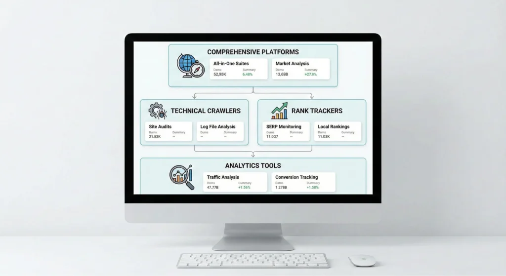 A desktop computer displays a visual flow chart diagram illustrating categorized digital marketing and SEO tools, divided into Comprehensive Platforms, Technical Crawlers, Rank Trackers, and Analytics Tools, complete with data summaries and icons.
