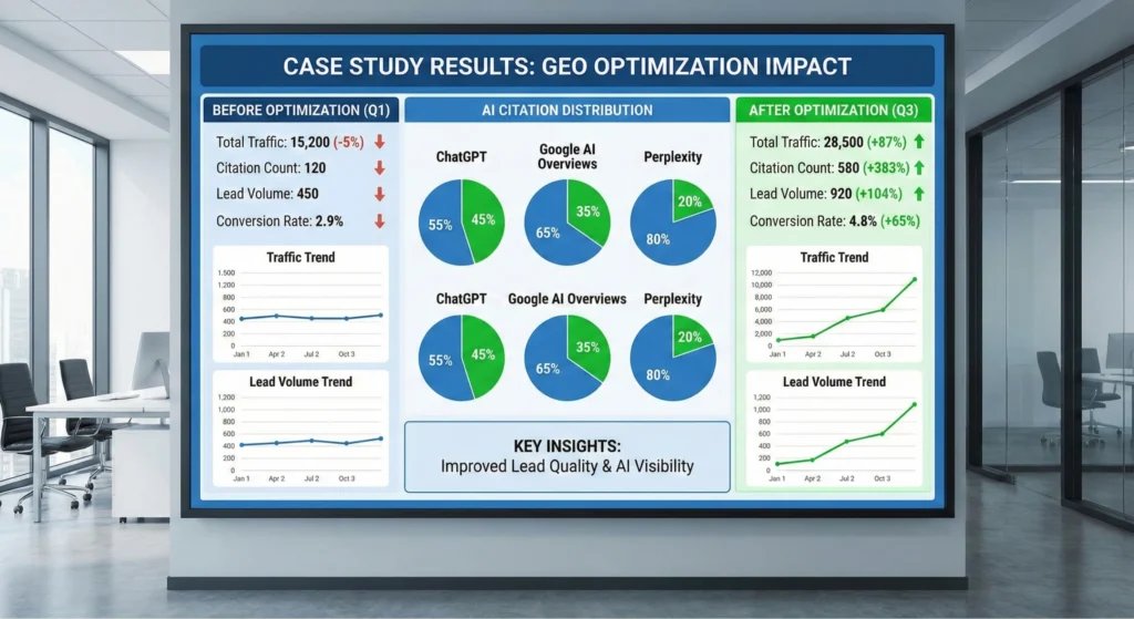 GEO optimization case study results showing improved lead quality and AI citations- A marketing case study dashboard displayed on a large screen illustrates the significant positive impact of geo optimization on Q3 results, showing increases in traffic, lead volume, and conversion rate. The report features AI citation distribution data for ChatGPT, Google AI Overviews, and Perplexity.