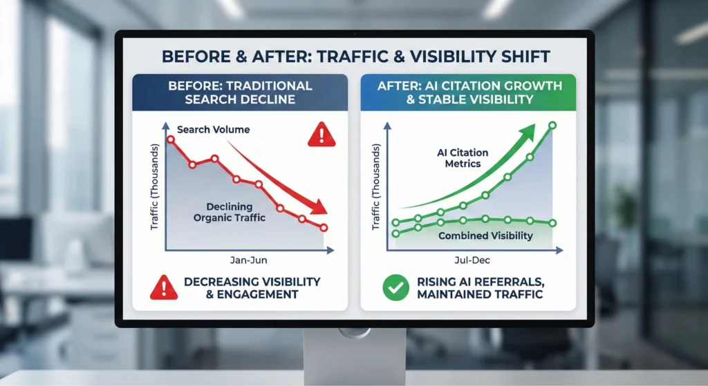 GEO optimization traffic comparison showing traditional SEO decline vs AI citation growth, A "Before & After" chart displayed on a monitor illustrates a traffic shift: The "Before" graph (Jan-Jun) shows a red line representing declining traditional search volume, while the "After" graph (Jul-Dec) shows rapidly rising green AI citation metrics leading to maintained overall traffic and stable visibility.