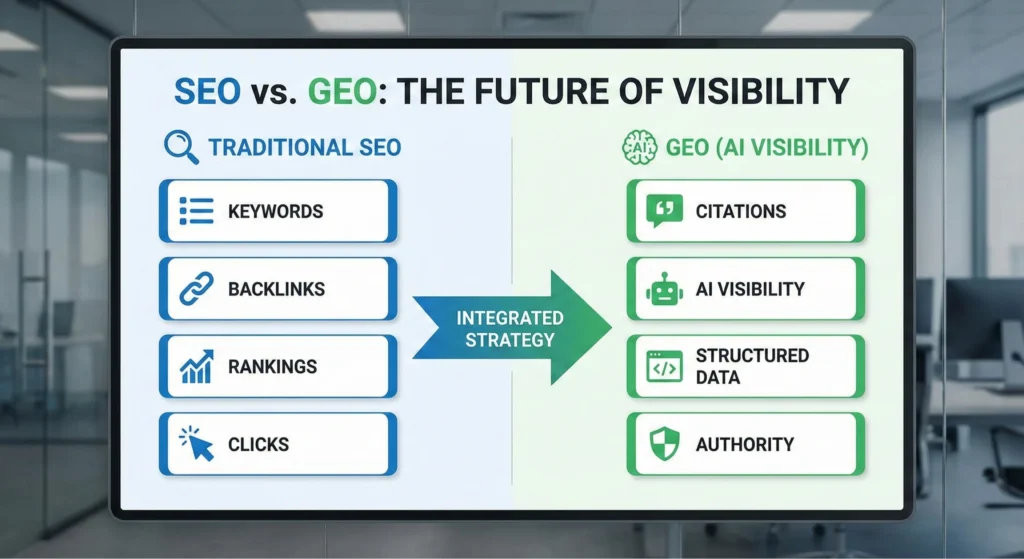 GEO optimization vs traditional SEO comparison showing integrated approach - Chart titled "SEO vs. GEO: THE FUTURE OF VISIBILITY" comparing Traditional SEO factors (Keywords, Backlinks, Rankings, Clicks) with GEO (AI Visibility) elements (Citations, Structured Data, Authority) as an integrated strategy.
