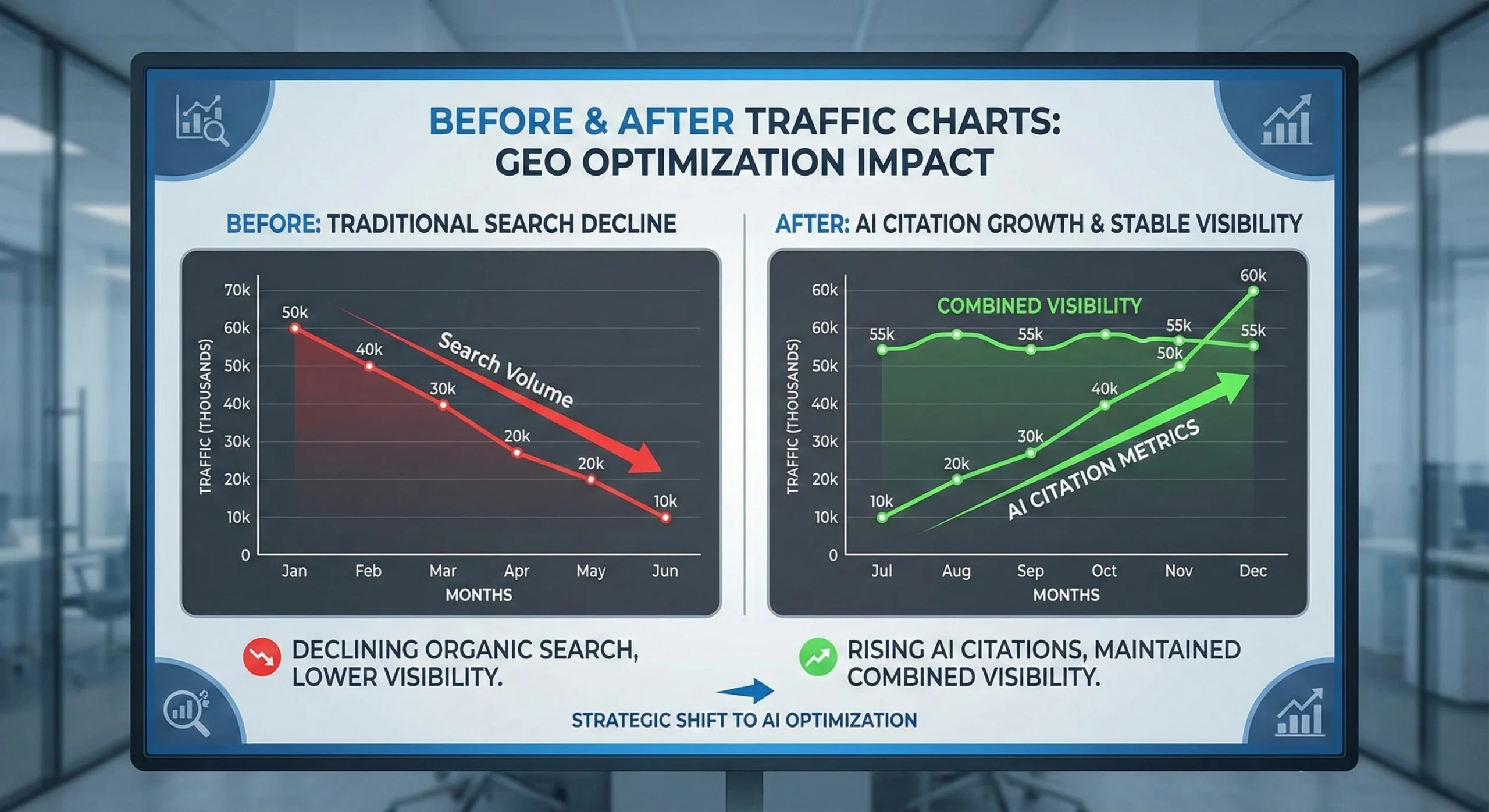 GEO optimization Charts comparing traffic data: the red "Before" chart shows declining traditional search volume, while the green "After" chart illustrates the successful strategic shift to AI optimization, resulting in rising AI citation metrics and stable combined visibility.