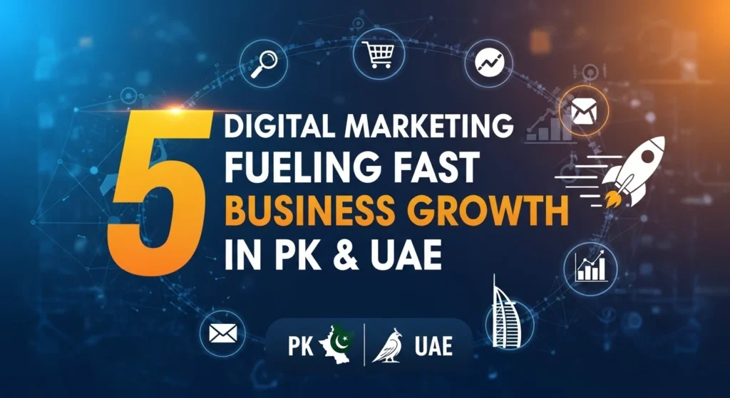 A graphic titled "5 Digital Marketing Fueling Fast Business Growth in PK & UAE" features a large orange number 5, white text, and surrounding icons for search, shopping, analytics, and mail. The image also includes a launching rocket and symbols representing Pakistan and the UAE.