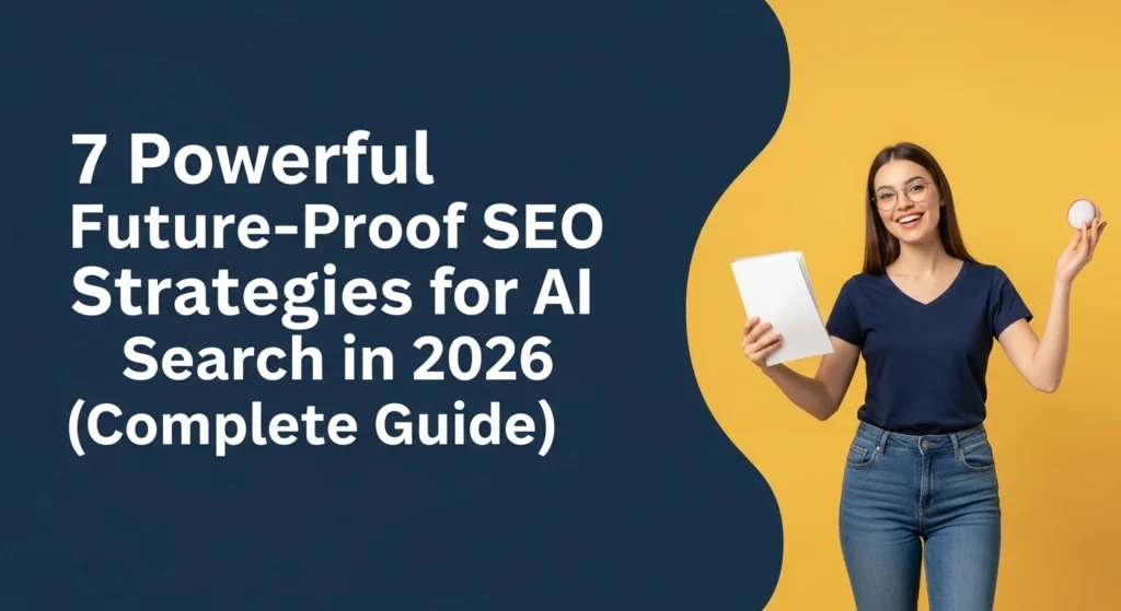 Woman holding notebook and light bulb next to text reading ‘7 Powerful Future-Proof SEO Strategies for AI Search in 2026 (Complete Guide)’ on blue and yellow background”
