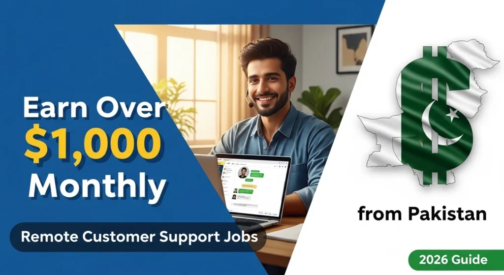 Smiling man wearing a headset working on a laptop at home with text “Earn Over $1,000 Monthly – Remote Customer Support Jobs from Pakistan – 2026 Guide” and Pakistan dollar graphic.
