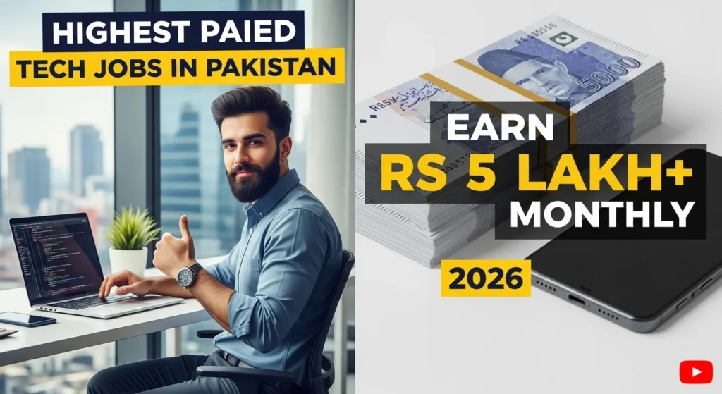 Man working on a laptop with coding screen in an office setting, alongside text “Highest Paid Tech Jobs in Pakistan – Earn Rs 5 Lakh+ Monthly 2026” with stack of Pakistani currency notes.