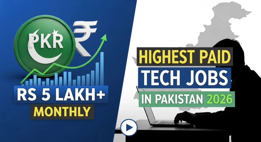 Graphic showing PKR currency symbol with upward growth chart and text “Rs 5 Lakh+ Monthly – Highest Paid Tech Jobs in Pakistan 2026,” alongside silhouette of person working on laptop.