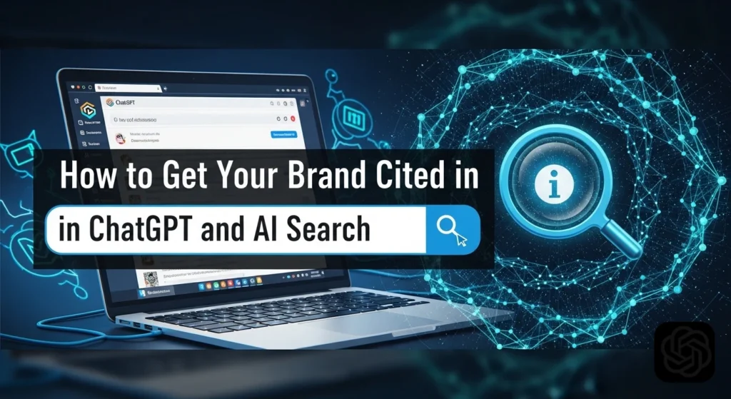 Laptop displaying AI interface with digital network graphics and magnifying glass icon, featuring text “How to Get Your Brand Cited in ChatGPT and AI Search.”