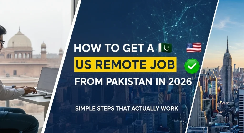 Thumbnail image showing a man working on a laptop in Pakistan with Lahore architecture in the background and New York City skyline, featuring text “How to Get a US Remote Job from Pakistan in 2026 – Simple Steps That Actually Work” with Pakistan and USA flags.