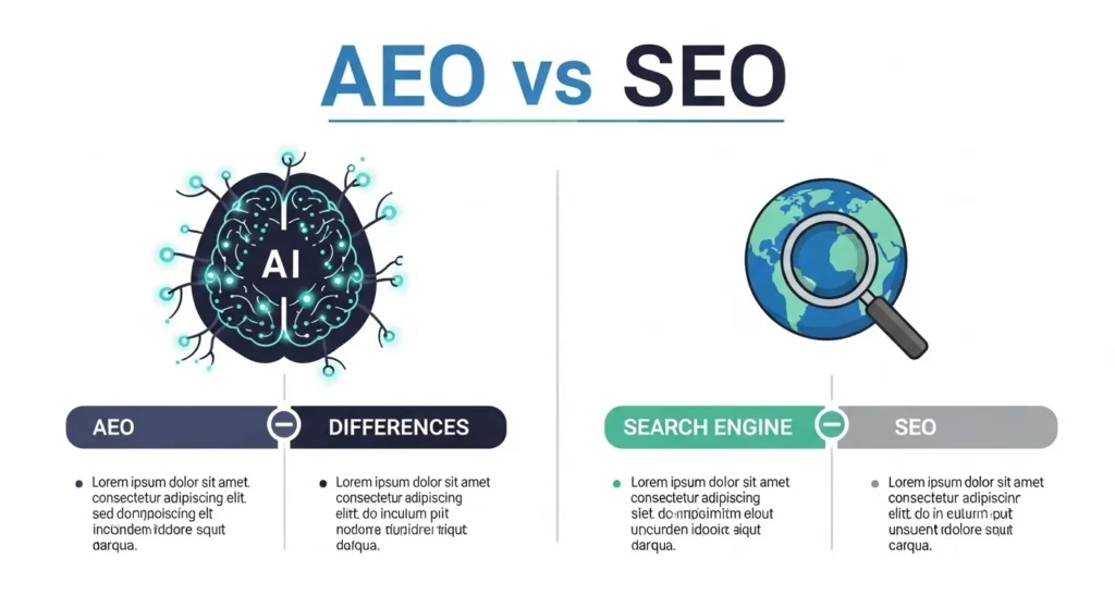 Infographic showing AEO vs SEO with two columns and AI brain icon