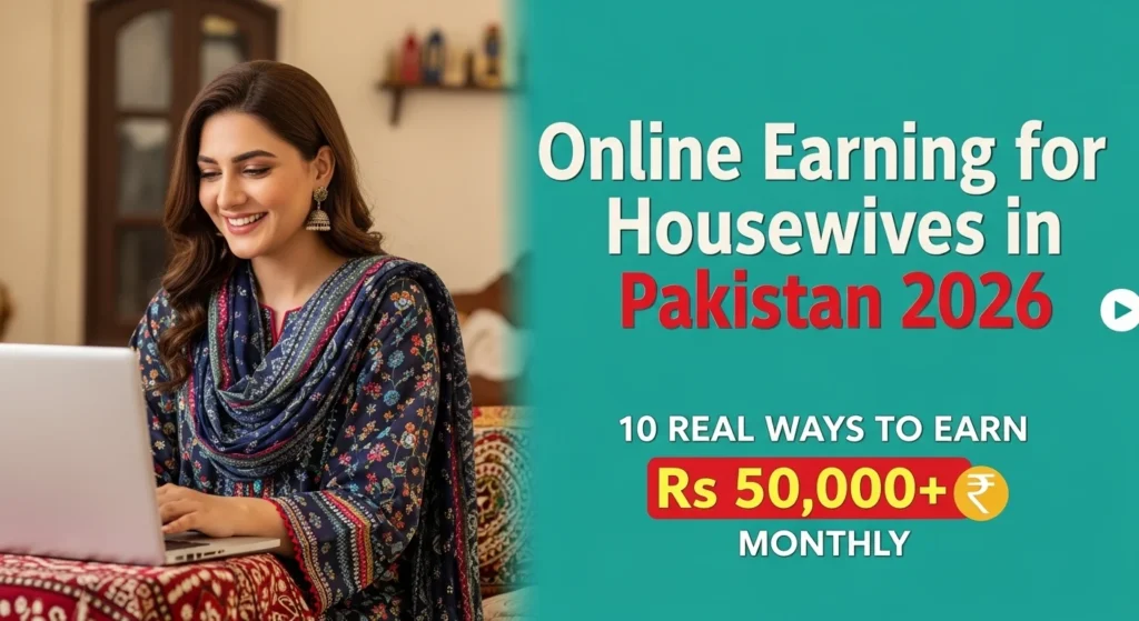 Smiling Pakistani housewife working on a laptop at home with text overlay “Online Earning for Housewives in Pakistan 2026 – 10 Real Ways to Earn Rs 50,000+ Monthly.