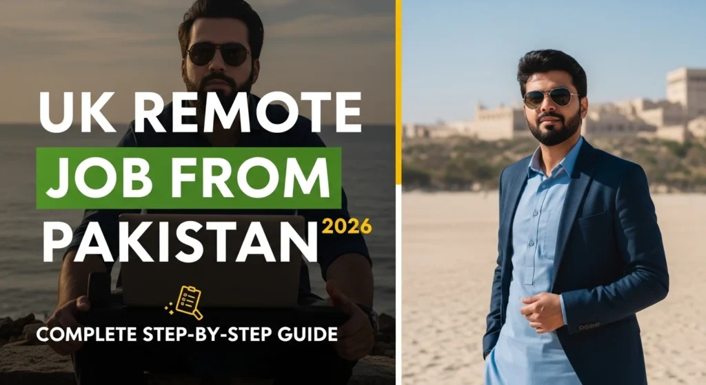 Split banner showing a man working on a laptop outdoors and the same man in a suit, with text “UK Remote Job from Pakistan 2026 – Complete Step-by-Step Guide.
